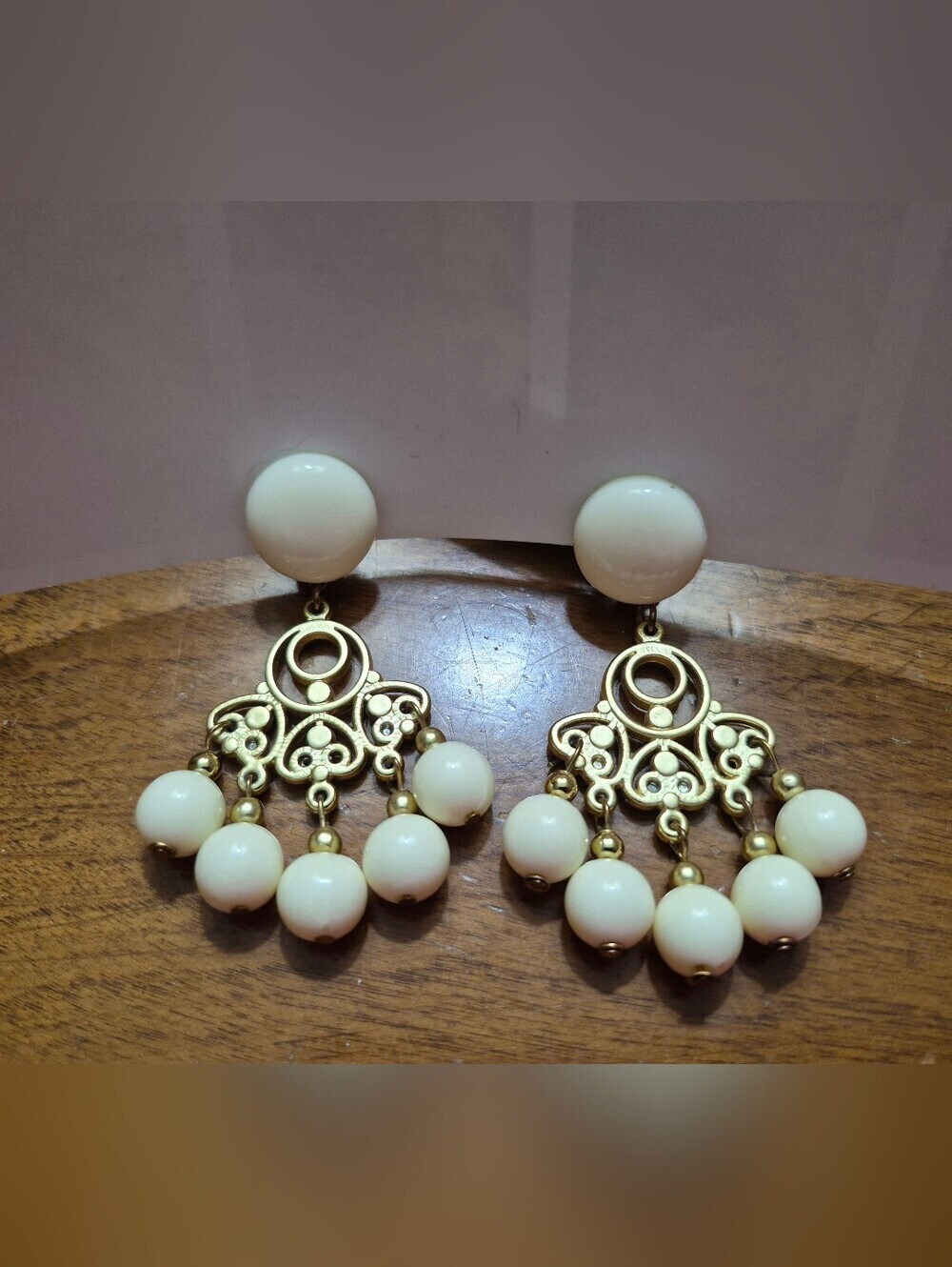 Vintage Gold Filigree White Lucite Clip On Dangle Earrings